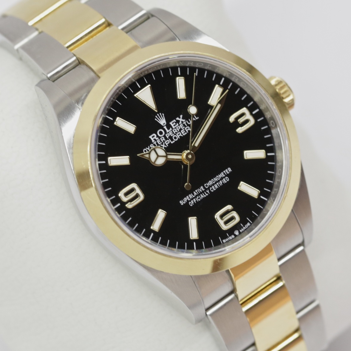Rolex Oyster Perpetual Explorer 1, steel and 18ct yellow gold, Ref 124273, Ca 2022 full set.$15,400