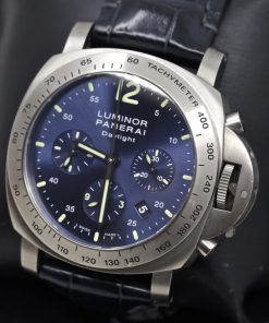 Alternative view of Panerai Luminor Daylight Chronograph in Titanium, Blue Index Dial, on Navy Blue Panerai Alligator Strap with Titanium Panerai Deployant Buckle, Ref. PAM00326, Circa:2009, Complete with Box & Papers
