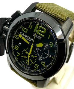 Alternative view of Graham Chronofigher Oversize, Black DLC Coated Stainless Steel, with Black Dial with Green Arab Numerals, on Green  Graham Textile Strap with Graham Tang Buckle, Ref. 2CCAU, Complete with Box & Book