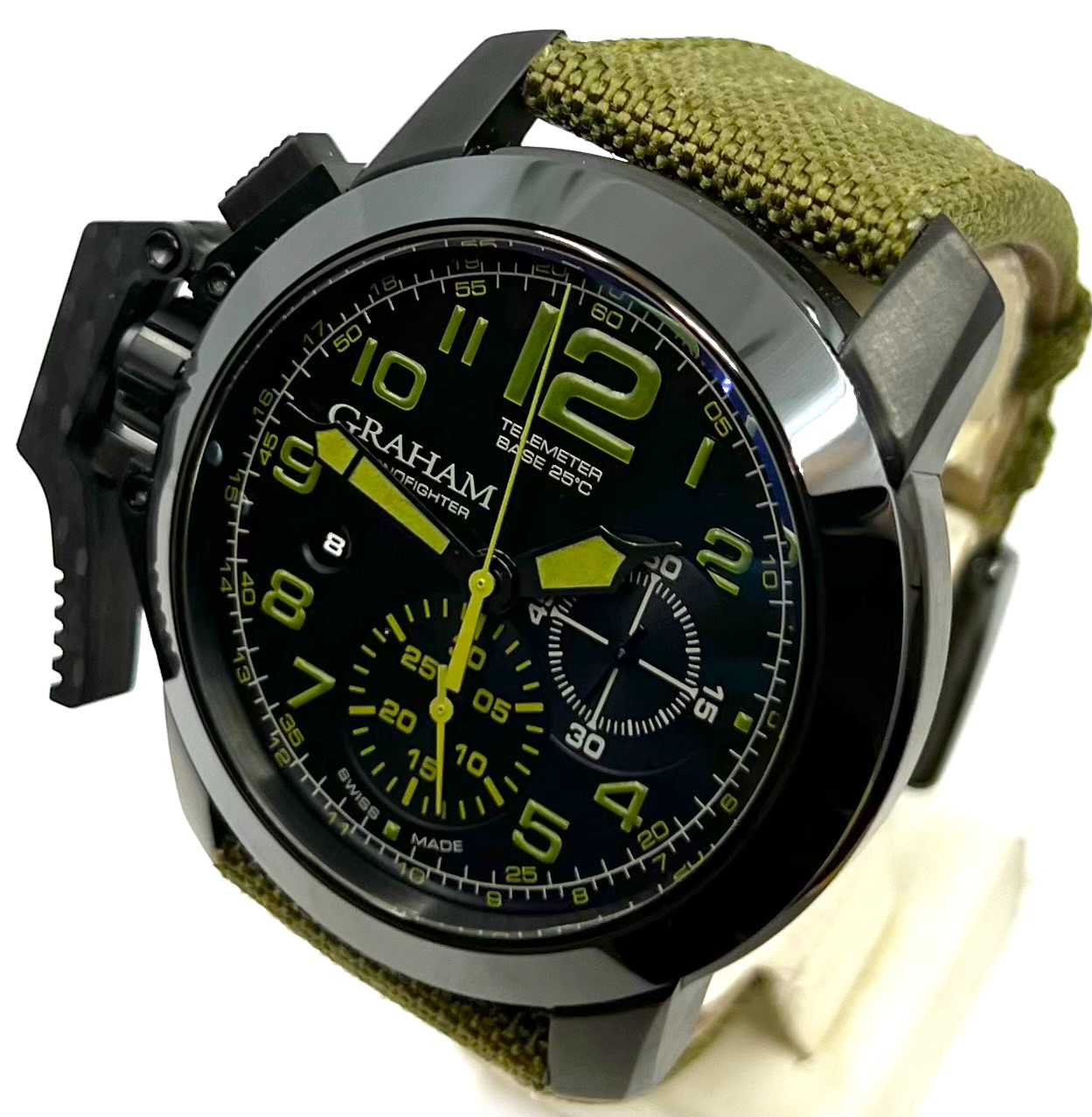 Graham Chronofigher Oversize, Black DLC Coated Stainless Steel, with Black Dial with Green Arab Numerals, on Green Graham Textile Strap with Graham Tang Buckle, Ref. 2CCAU, Complete with Box & Book - Image 2