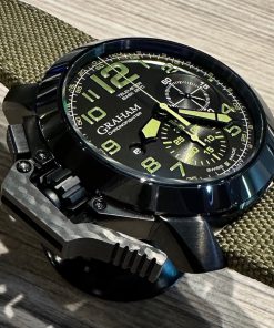 Graham Chronofigher Oversize, Black DLC Coated Stainless Steel, with Black Dial with Green Arab Numerals, on Green  Graham Textile Strap with Graham Tang Buckle, Ref. 2CCAU, Complete with Box & Book