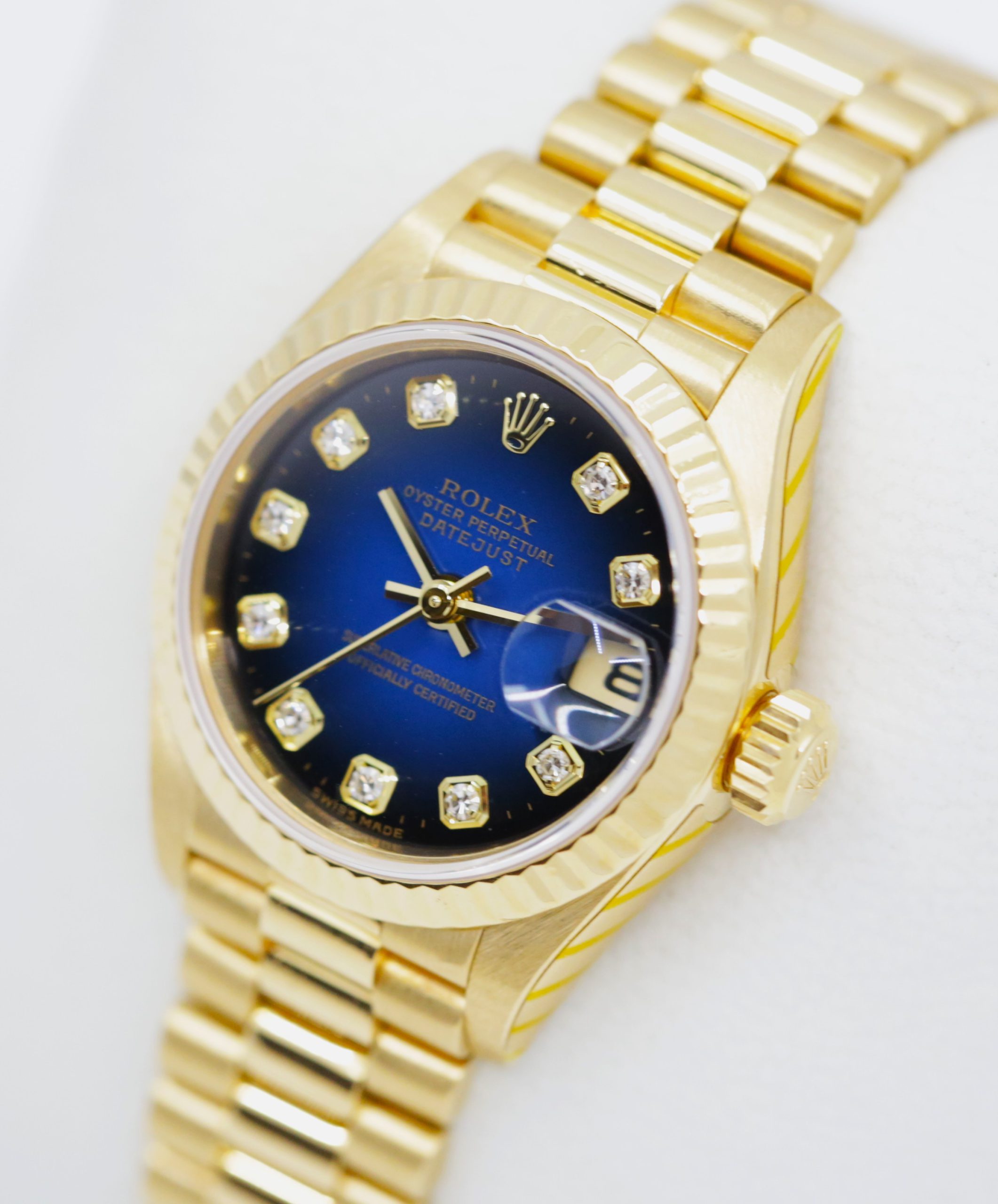 Rolex Lady-Datejust 26 in 18ct Yellow Gold, with Graduated Blue Diamond Dial, on 18ct Yellow Gold Rolex President Bracelet, Ref. 79178, Circa: 1999, with Box & Recently Serviced by Rolex Australia - Image 3