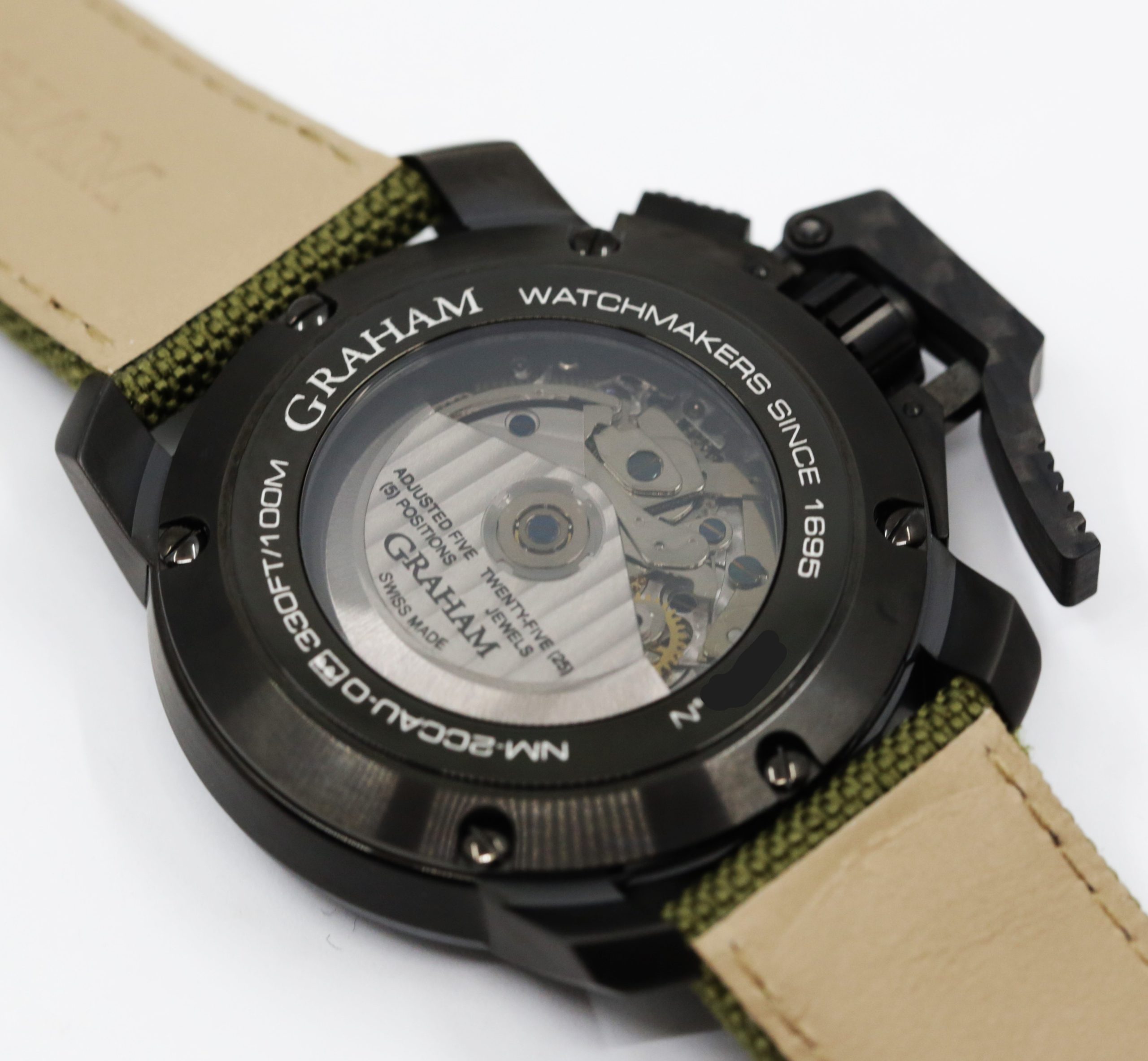Graham Chronofigher Oversize, Black DLC Coated Stainless Steel, with Black Dial with Green Arab Numerals, on Green Graham Textile Strap with Graham Tang Buckle, Ref. 2CCAU, Complete with Box & Book - Image 3