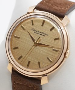 Alternative view of IWC wristwatch in 18ct rose gold, Flared Lugs, Rare gold textured Dial, Manual winding, Calibre 89, 37mm case on brown suede strap
