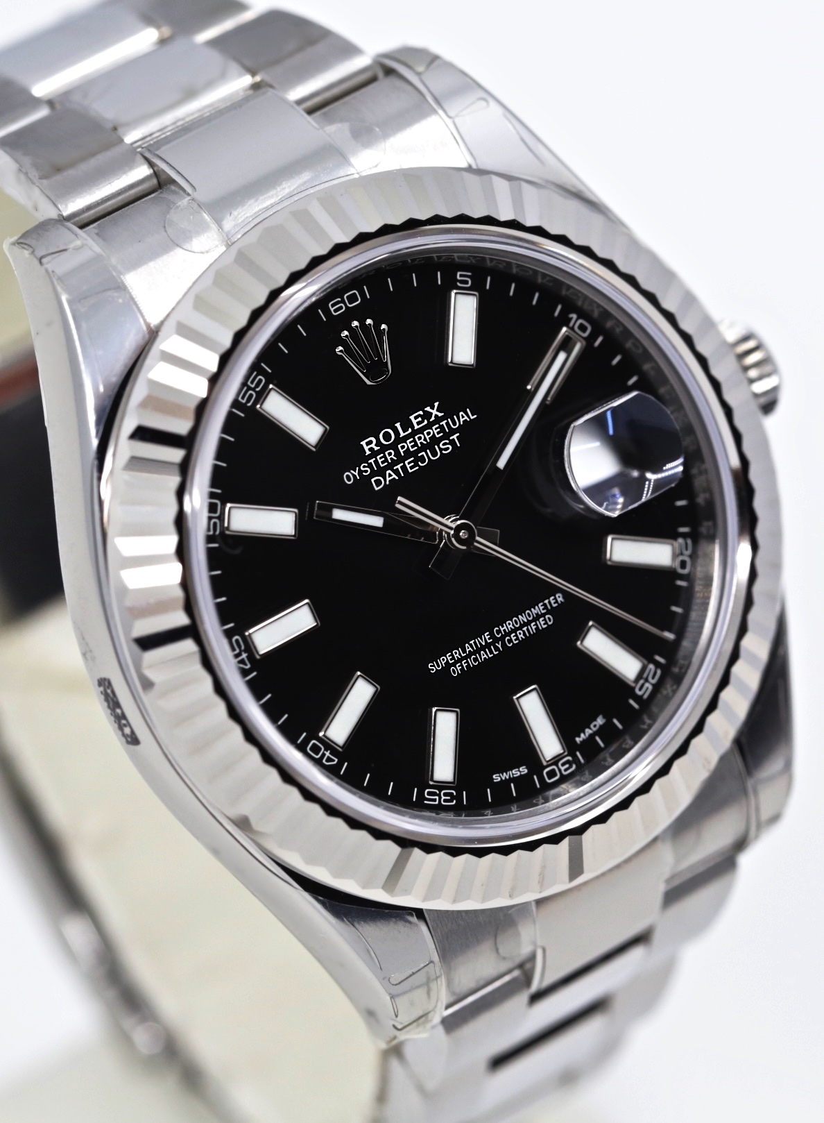 Rolex Oyster Perpetual Datejust II in Stainless Steel, Black Index Dial, 18ct White Gold Fluted Bezel on Rolex Stainless Steel Oyster Bracelet, Ref. 116334, Circa: 2016, Complete with Box & Papers