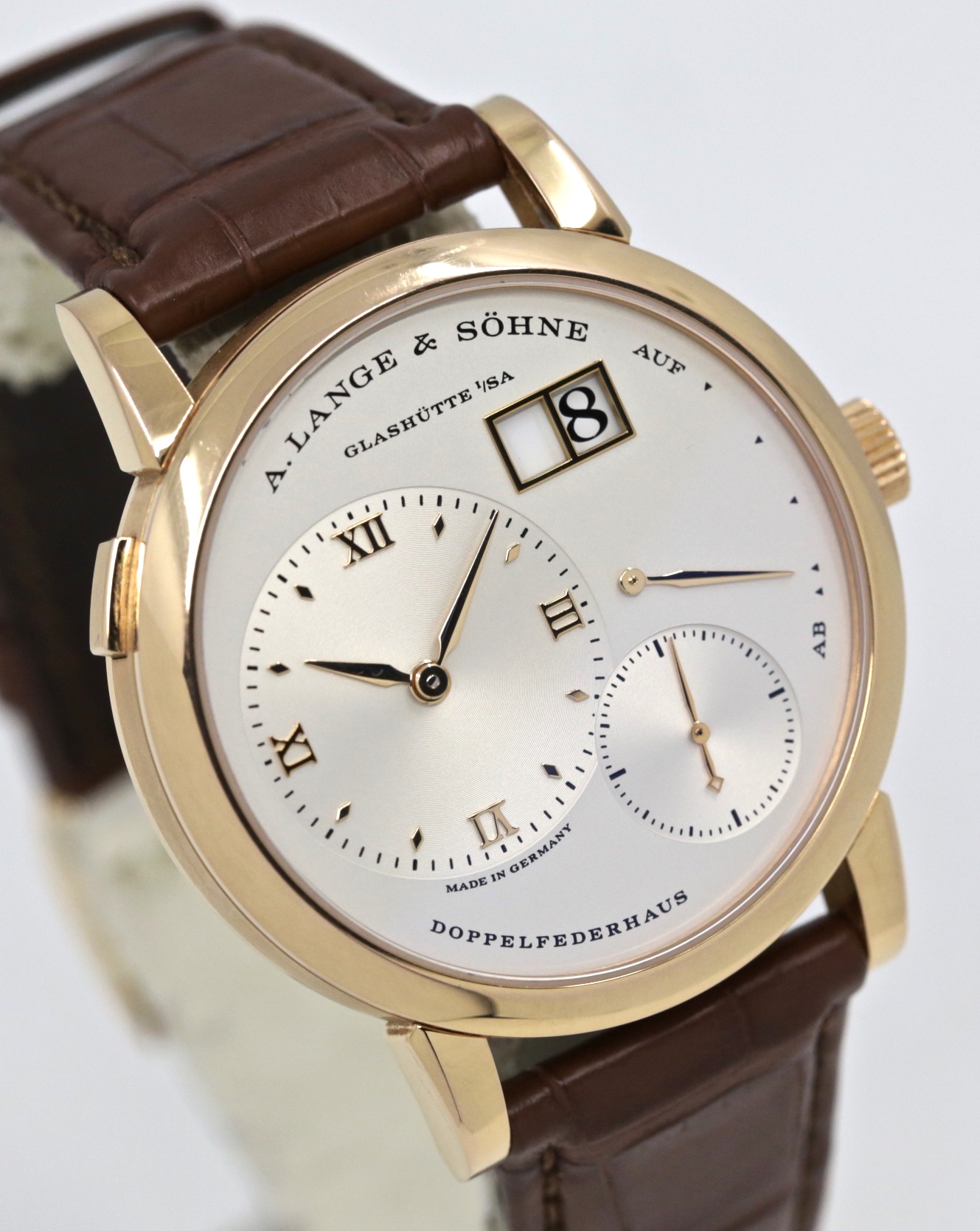 A. Lange & Sohne Lange 1 in 18ct Rose Gold, Argente Silver Roman Dial, on A. Lange & Sohne Alligator Strap with 18ct Rose Gold Lange Tang Buckle, Ref. 191.032, with Box & Papers
