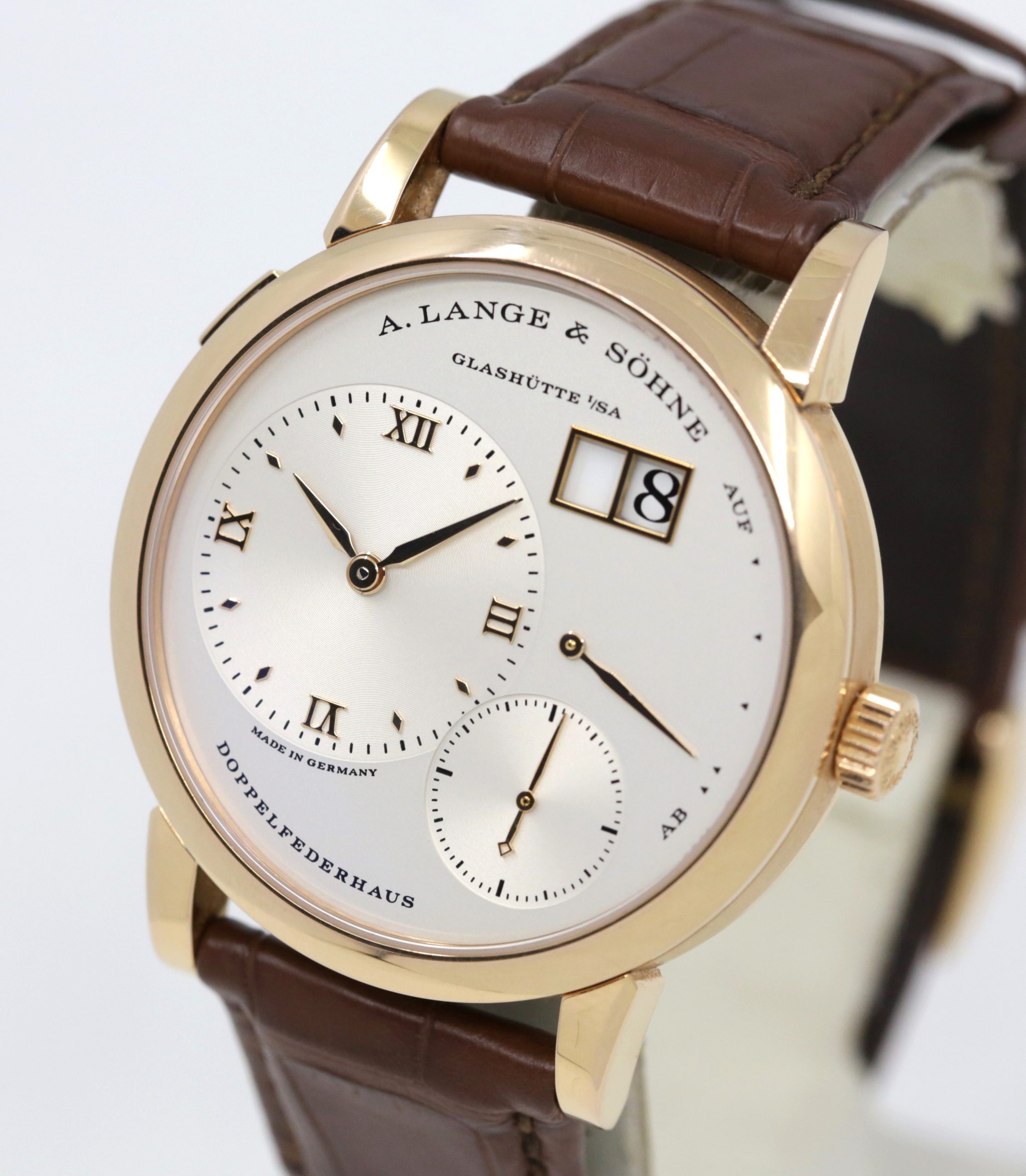 A. Lange & Sohne Lange 1 in 18ct Rose Gold, Argente Silver Roman Dial, on A. Lange & Sohne Alligator Strap with 18ct Rose Gold Lange Tang Buckle, Ref. 191.032, with Box & Papers - Image 2