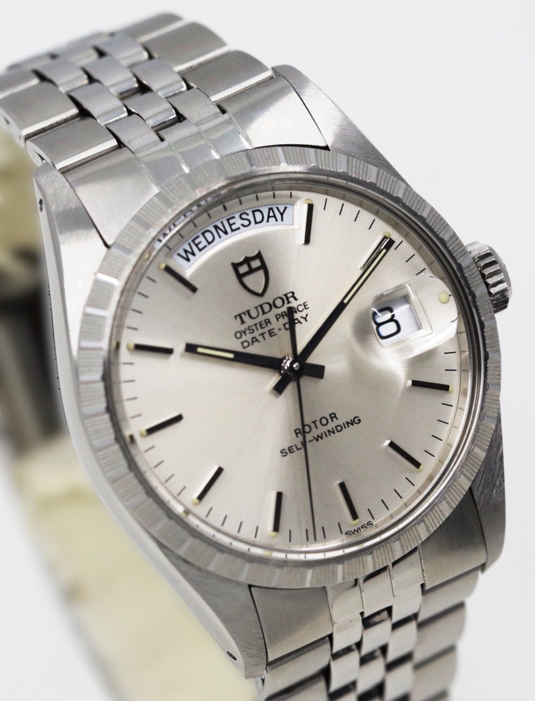 Tudor Oyster Prince Date-Day, in Stainless Steel, Silver Index Dial on Stainless Steel Tudor Jubilee Style Bracelet, Ref. 94510, Circa: 1989, with Box & Book
