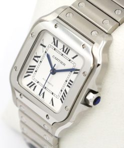 Alternative view of Cartier Santos De Cartier Watch, Medium Model, in Stainless Steel, Opaline Roman Dial, Blue Sword-Shaped Hands, on Cartier Stainless Steel Bracelet, Ref. WSSA0029, Circa: 2022, Complete with Box, Books & Cartier Warranty Card