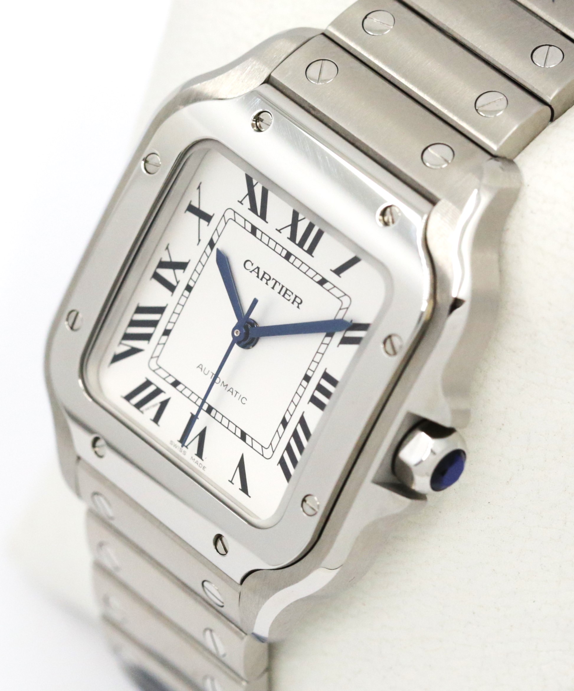 Cartier Santos De Cartier Watch, Medium Model, in Stainless Steel, Opaline Roman Dial, Blue Sword-Shaped Hands, on Cartier Stainless Steel Bracelet, Ref. WSSA0029, Circa: 2022, Complete with Box, Books & Cartier Warranty Card - Image 2