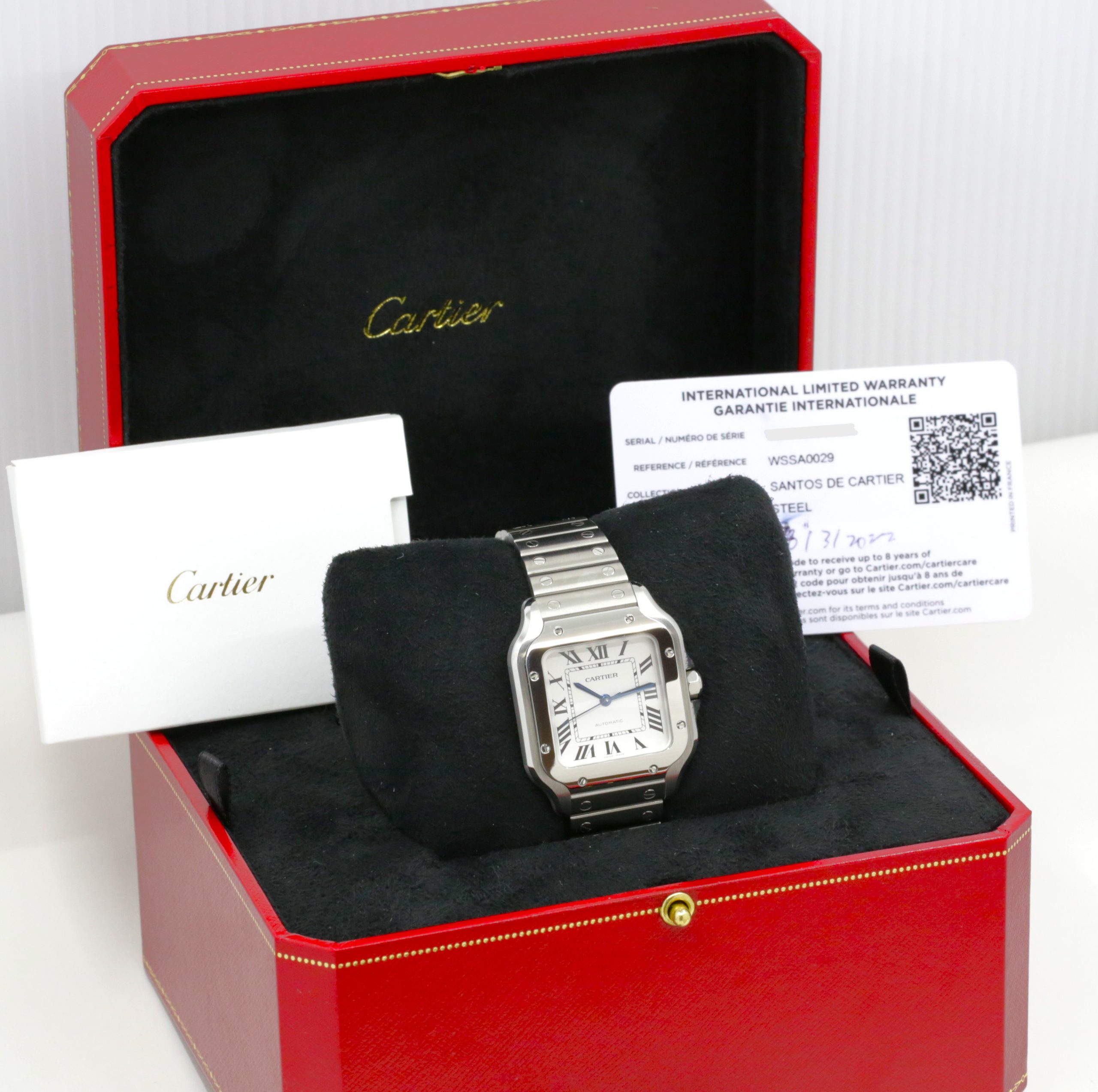 Cartier Santos De Cartier Watch, Medium Model, in Stainless Steel, Opaline Roman Dial, Blue Sword-Shaped Hands, on Cartier Stainless Steel Bracelet, Ref. WSSA0029, Circa: 2022, Complete with Box, Books & Cartier Warranty Card - Image 7