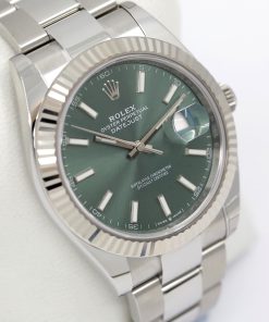 Rolex Datejust 41, in Stainless Steel, 18ct White Gold Fluted Bezel with Mint Green Index Dial on Rolex Stainless Steel Oyster Bracelet, Ref. 126334, Circa: 2022, Complete with Box & Papers
