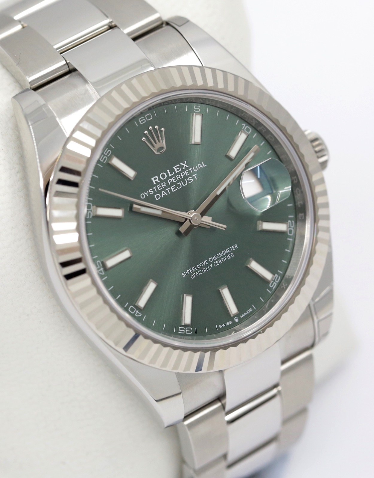 Rolex Datejust 41, in Stainless Steel, 18ct White Gold Fluted Bezel with Mint Green Index Dial on Rolex Stainless Steel Oyster Bracelet, Ref. 126334, Circa: 2022, Complete with Box & Papers