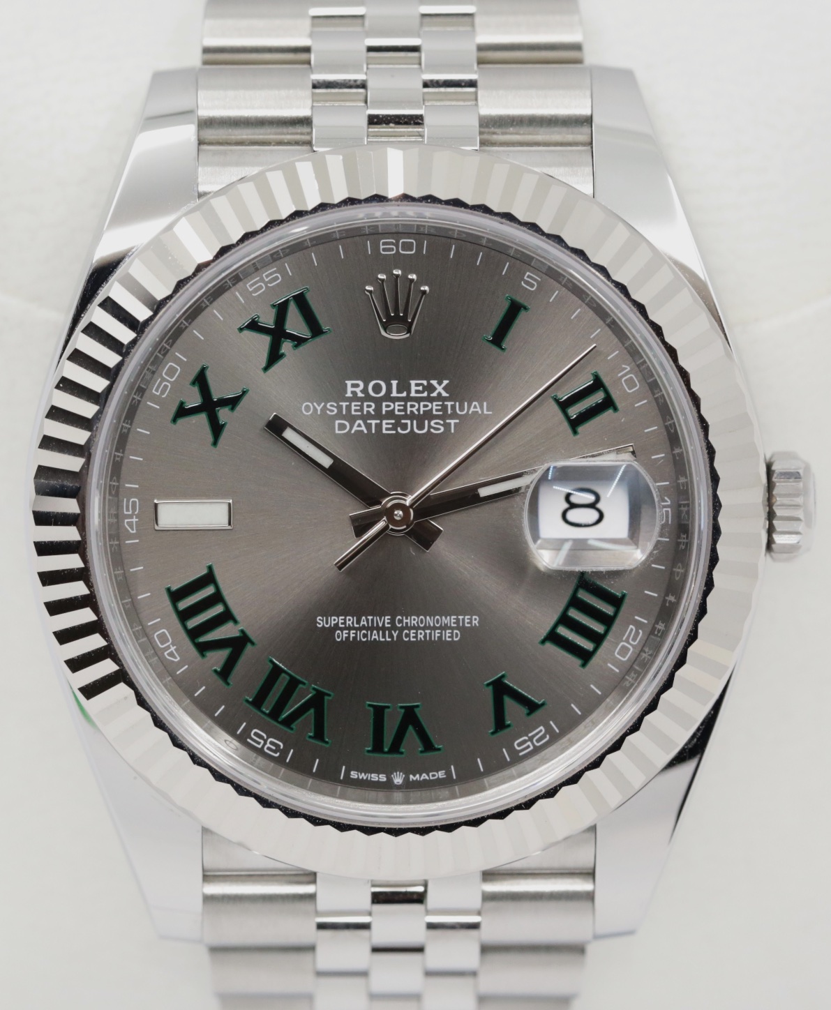 Rolex Datejust 41, Stainless Steel with 18ct White Gold Fluted Bezel, Wimbeldon Dial, on Rolex Jubilee Bracelet, Reference 126334, Circa: 2021, Complete with Box & Papers - Image 3