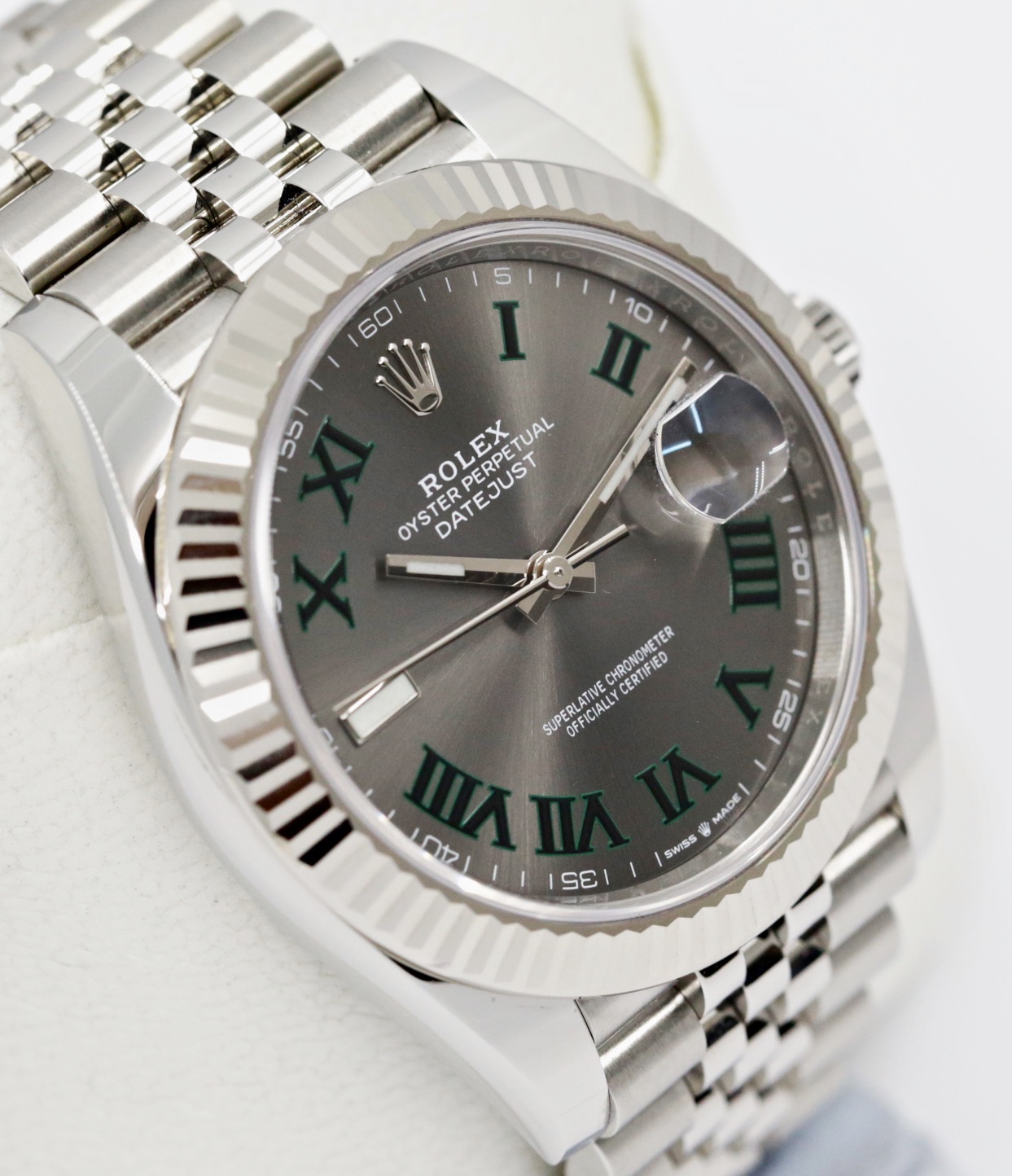 Rolex Datejust 41, Stainless Steel with 18ct White Gold Fluted Bezel, Wimbeldon Dial, on Rolex Jubilee Bracelet, Reference 126334, Circa: 2021, Complete with Box & Papers