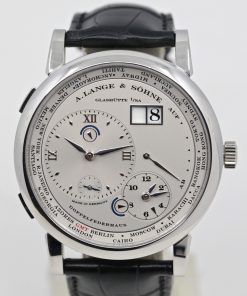 Alternative view of A. Lange & Sohne Lange 1 Time Zone in Platinum, Silver Roman Dial, on Black A. Lange & Sohne Alligator Strap with Platinum A. Lange & Sohne Tang Buckle, Complete with Box & Book