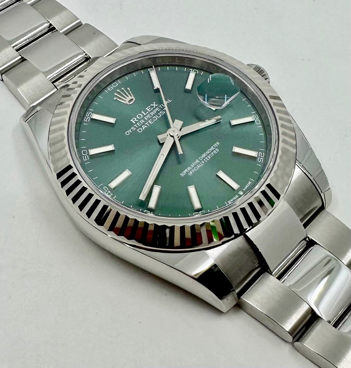 Rolex Datejust 41, in Stainless Steel, 18ct White Gold Fluted Bezel with Mint Green Index Dial on Rolex Stainless Steel Oyster Bracelet, Ref. 126334, Circa: 2022, Complete with Box & Papers - Image 4