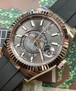 Alternative view of Rolex Sky-Dweller 18K Everose gold, on Rolex Oysterflex band with a 18ct Eversoe gold deployant, Ca 2022, B&P.