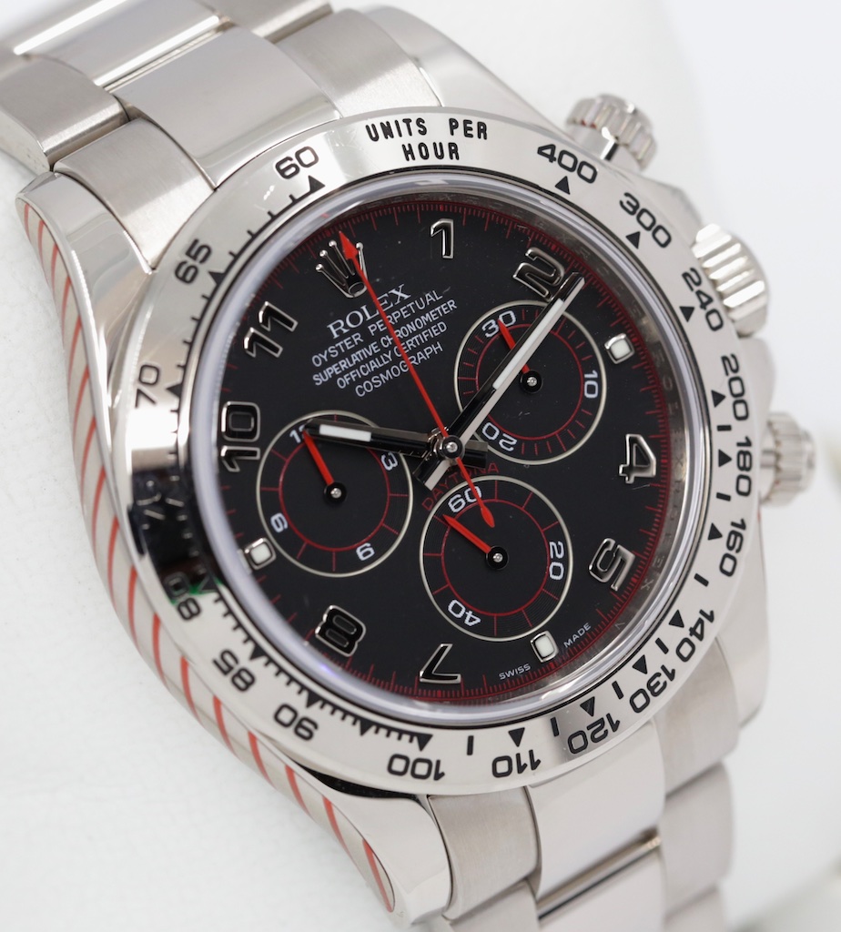 Rolex Cosmograph Daytona in 18ct White Gold, Black Arab Racing dial, on Rolex 18ct White Gold Oyster Bracelet, Reference: 116509, Circa: 2010, Complete with Box, Book, Rolex Warranty Card and Rolex Service Card Dated 17-04-23