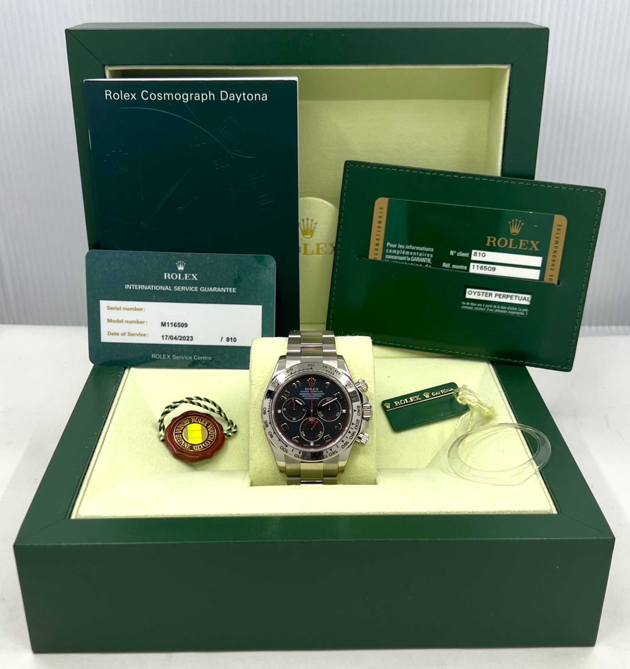 Rolex Cosmograph Daytona in 18ct White Gold, Black Arab Racing dial, on Rolex 18ct White Gold Oyster Bracelet, Reference: 116509, Circa: 2010, Complete with Box, Book, Rolex Warranty Card and Rolex Service Card Dated 17-04-23 - Image 7