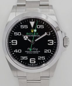 Alternative view of Rolex Oyster Perpetual Air King in Rolex Oystersteel Black 60 second dial with Crown guards on a Rolex Oystersteel Flip clock bracelet. Ref: 126900, Ca 2022 with box and papers.