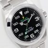 Rolex Oyster Perpetual Air King in Rolex Oystersteel Black 60 second dial with Crown guards on a Rolex Oystersteel Flip clock bracelet. Ref: 126900, Ca 2022 with box and papers.