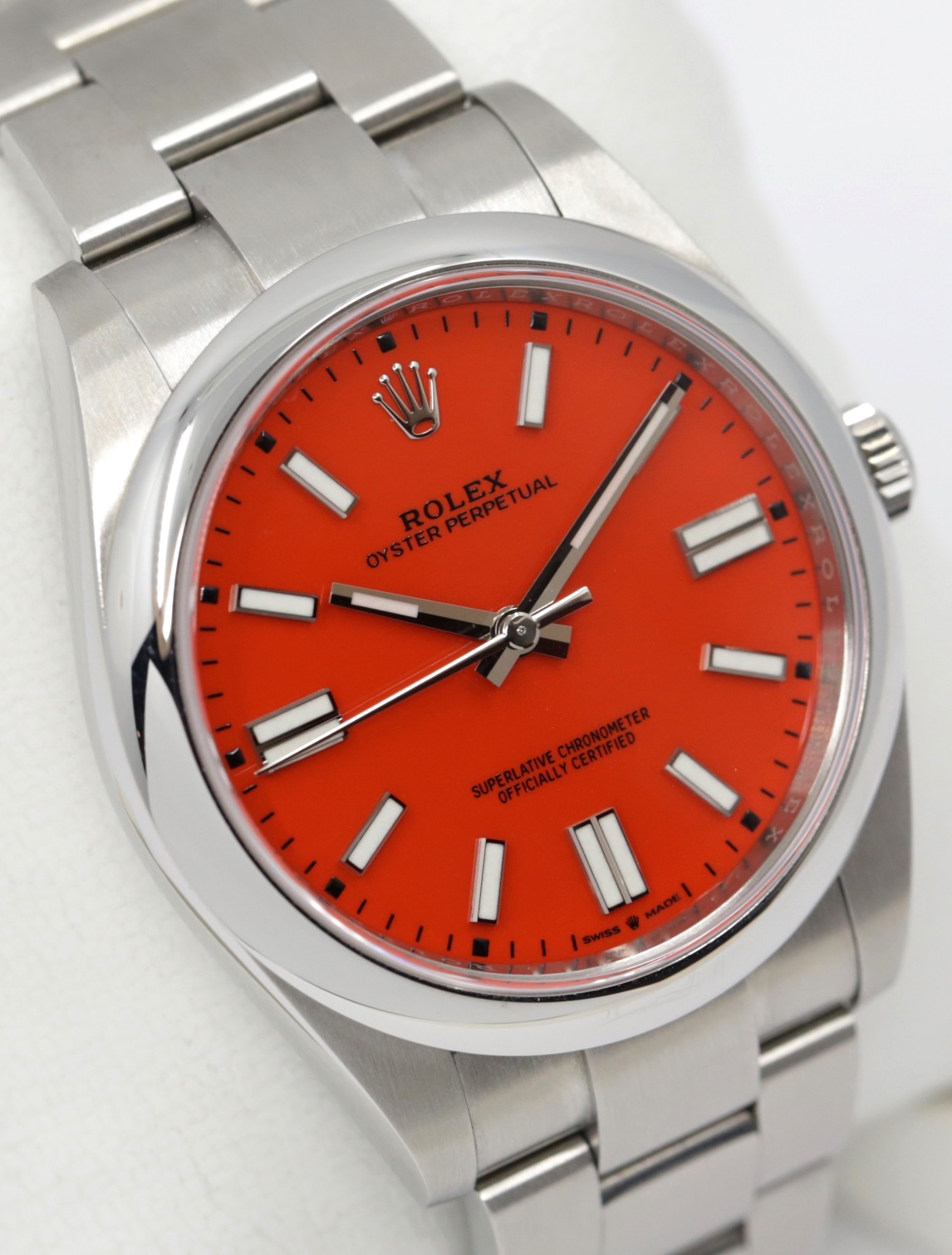 Rolex Oyster Perpetual 41, in Stainless Steel, Coral Index Dial, on Stainless Steel Rolex Oyster Bracelet, Ref. 124300, Circa: 2021, Complete with Box, Books, Rolex Warranty Card & Balance of 5 Year Rolex factory Warranty