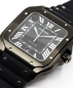 Alternative view of Cartier Santos De Cartier Watch, Large Model, Automatic, in Stainless Steel with ADLC Coating, Black Roman Dial, on Cartier Rubber Strap on Stainless Steel Cartier Deployant, Ref. WSSA0039, Circa: 2020, with Box & Cartier Warranty Card