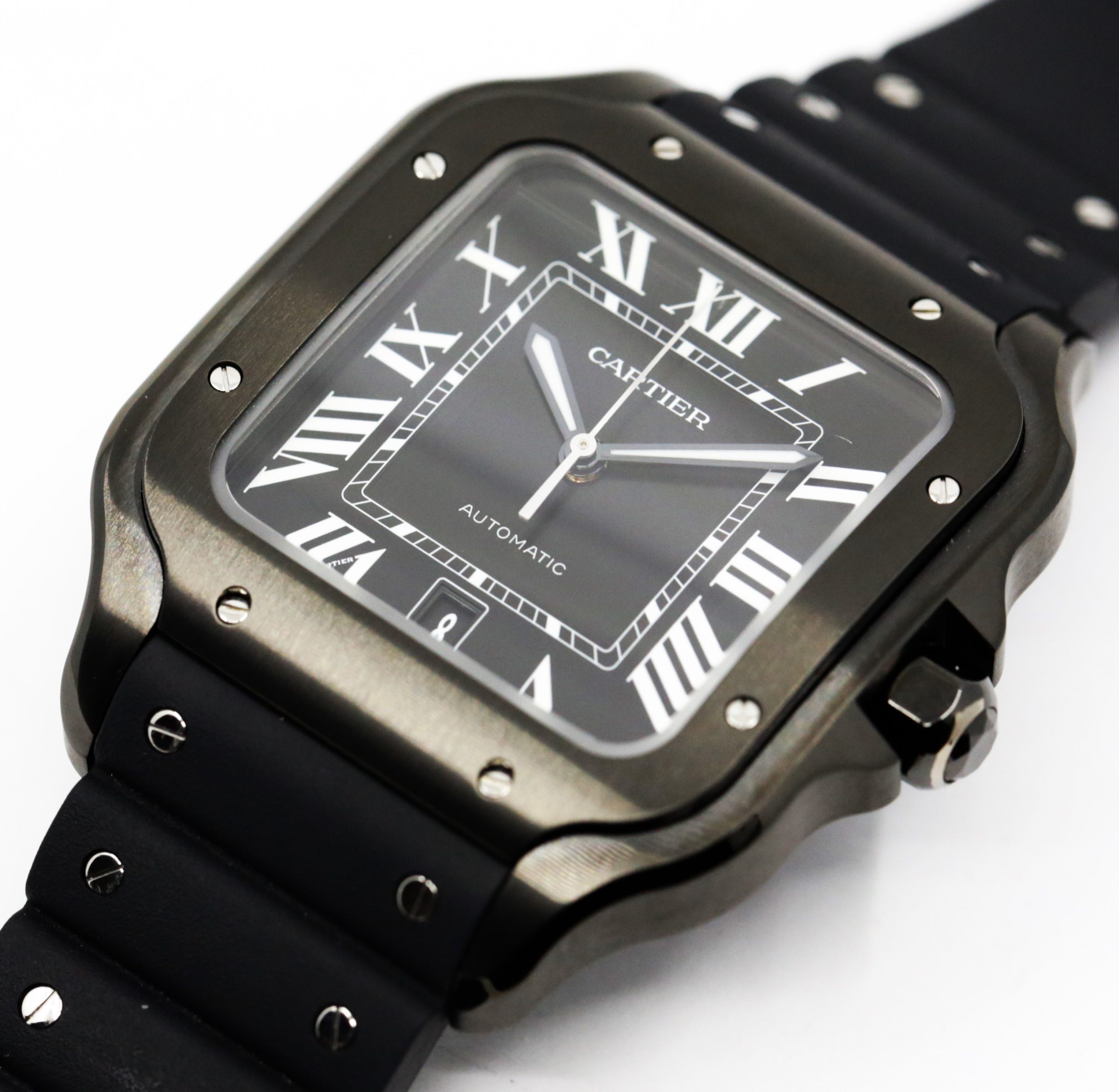 Cartier Santos De Cartier Watch, Large Model, Automatic, in Stainless Steel with ADLC Coating, Black Roman Dial, on Cartier Rubber Strap on Stainless Steel Cartier Deployant, Ref. WSSA0039, Circa: 2020, with Box & Cartier Warranty Card - Image 2