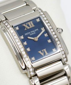 Patek Philippe Twenty ~ 4, Stainless Steel, Factory Set Blue Diamond Dial & Factory Set Diamond Bezel, on Stainless Steel Patek Philippe Bracelet, Ref. 4910/10A-012, with Box & Service Receipt