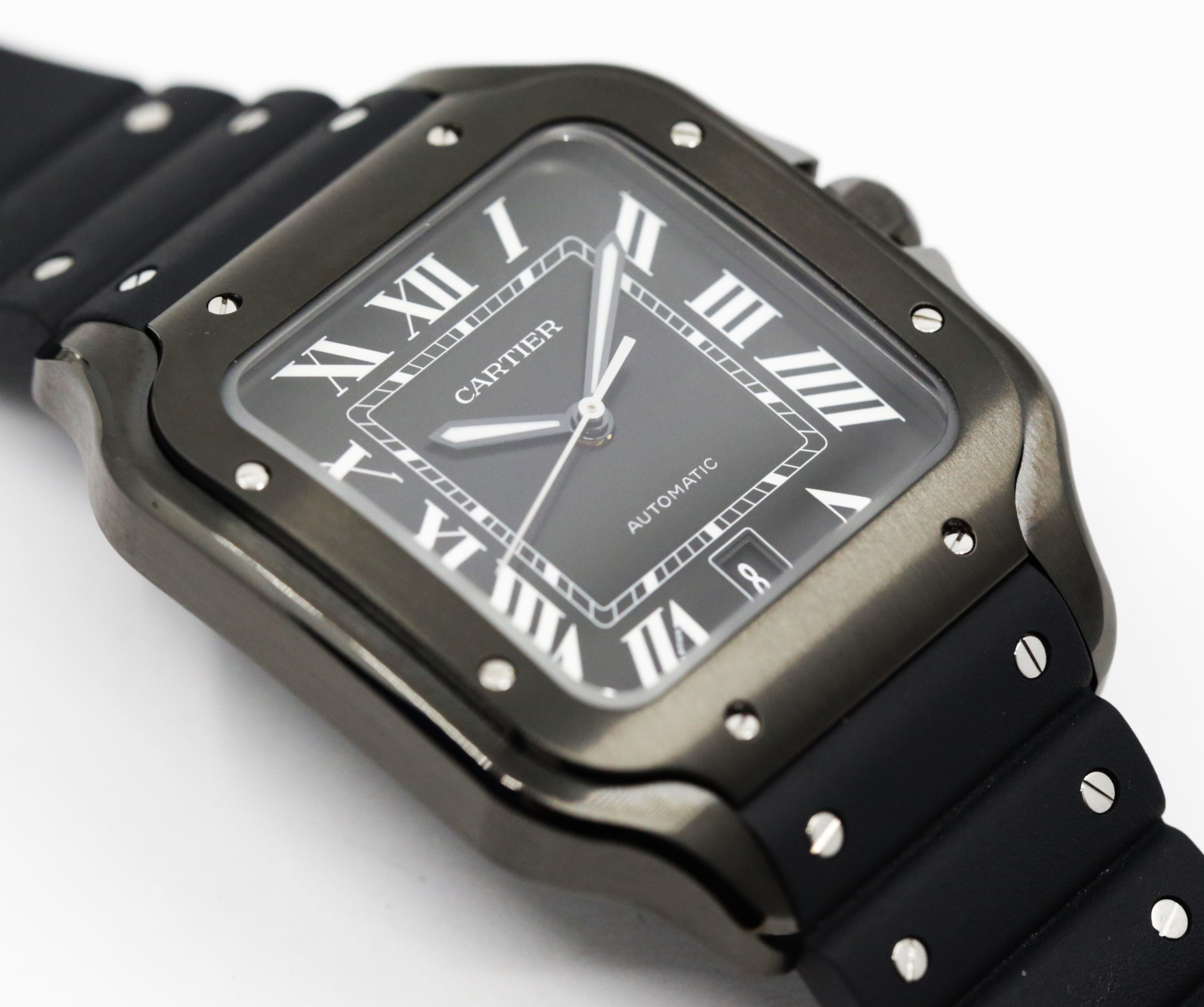Cartier Santos De Cartier Watch, Large Model, Automatic, in Stainless Steel with ADLC Coating, Black Roman Dial, on Cartier Rubber Strap on Stainless Steel Cartier Deployant, Ref. WSSA0039, Circa: 2020, with Box & Cartier Warranty Card - Image 4