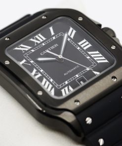 Cartier Santos De Cartier Watch, Large Model, Automatic, in Stainless Steel with ADLC Coating, Black Roman Dial, on Cartier Rubber Strap on Stainless Steel Cartier Deployant, Ref. WSSA0039, Circa: 2020, with Box & Cartier Warranty Card