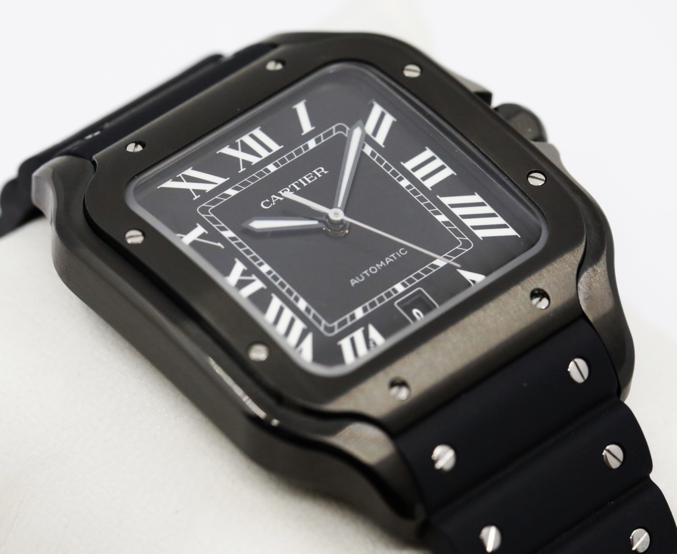 Cartier Santos De Cartier Watch, Large Model, Automatic, in Stainless Steel with ADLC Coating, Black Roman Dial, on Cartier Rubber Strap on Stainless Steel Cartier Deployant, Ref. WSSA0039, Circa: 2020, with Box & Cartier Warranty Card - Image 3