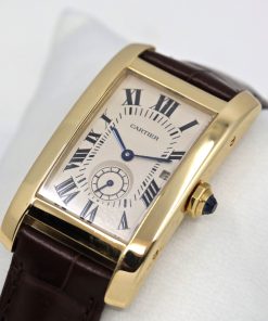 Alternative view of Cartier Tank American, Midsize in  18ct yellow gold, Quartz movement, Cartier strap with 18ct Yellow gold Cartier folding buckle.