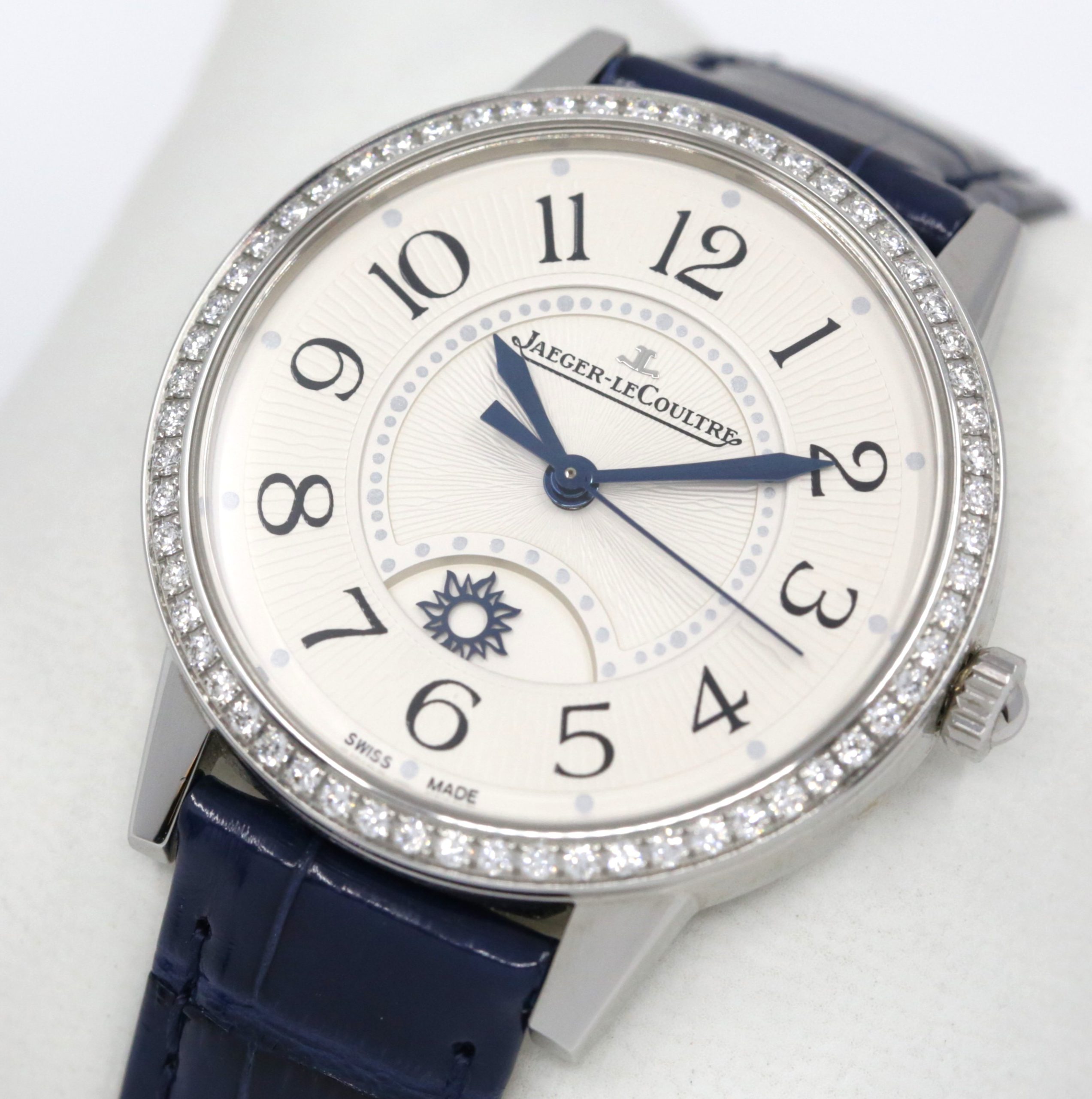 Jaeger LeCoultre Rendez-Vous Classic, Night & Day, in Stainless Steel, Silver Guilloche Arab Dial, Factory Set Diamond Bezel, on JLC Blue Alligator Strap with Steel JLC Deployant, Ref. Q3448430, Circa: 2022, Complete with Box, Book, JLC Warranty Card & Balance of JLC Warranty - Image 2