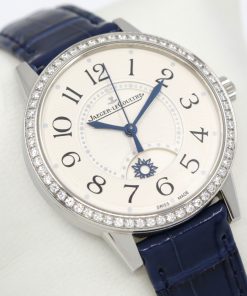 Jaeger LeCoultre Rendez-Vous Classic, Night & Day, in Stainless Steel, Silver Guilloche Arab Dial, Factory Set Diamond Bezel, on JLC Blue Alligator Strap with Steel JLC Deployant, Ref. Q3448430, Circa: 2022, Complete with Box, Book, JLC Warranty Card & Balance of JLC Warranty