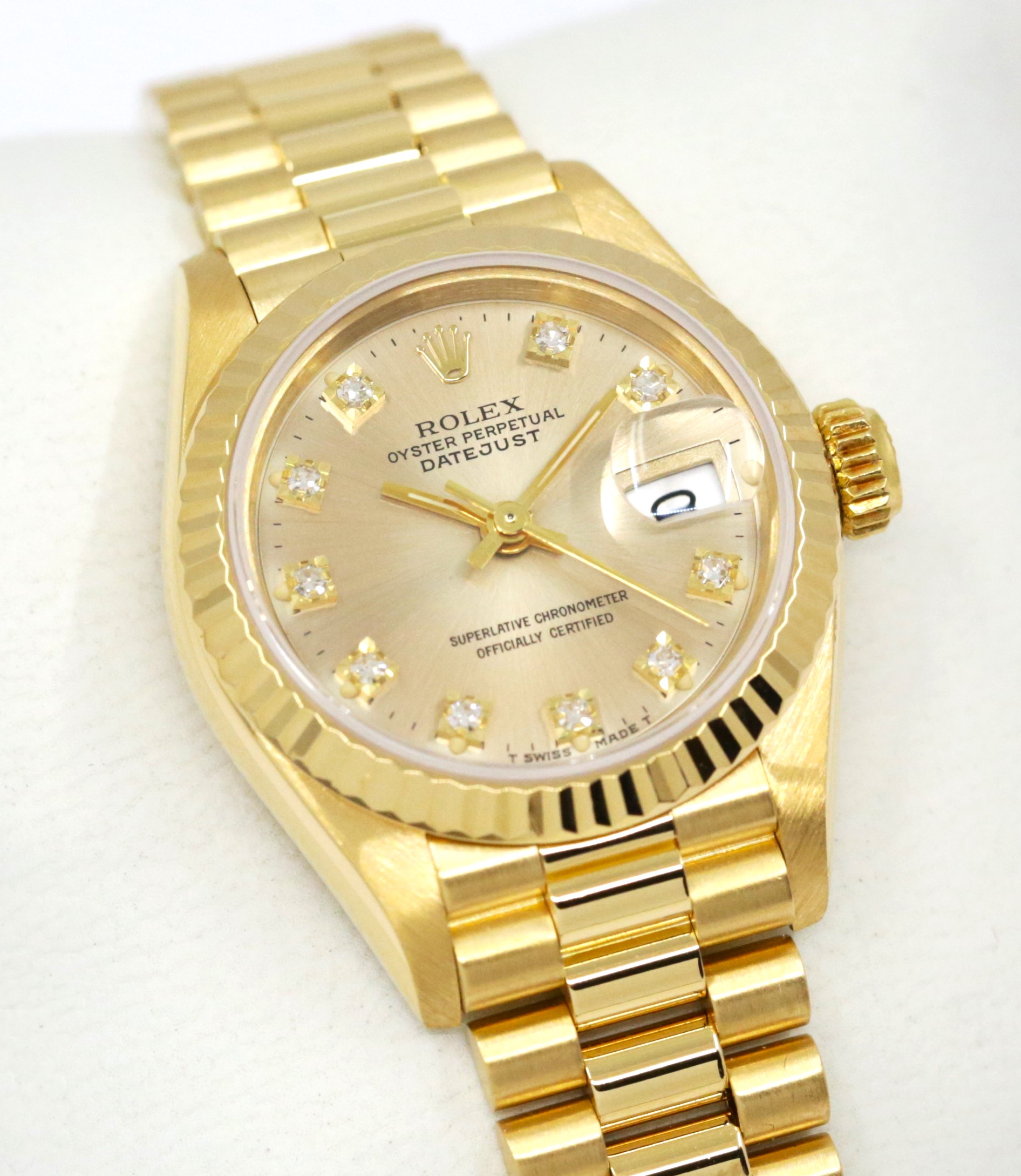 Rolex Lady Datejust 26 in 18ct Yellow Gold, Factory Set Champagne Diamond Dial on 18ct Yellow Gold Rolex President Bracelet, Ref. 69178, Circa: 1989, with Box, Books, Rolex Certificate & Rolex Service Receipt - Image 2