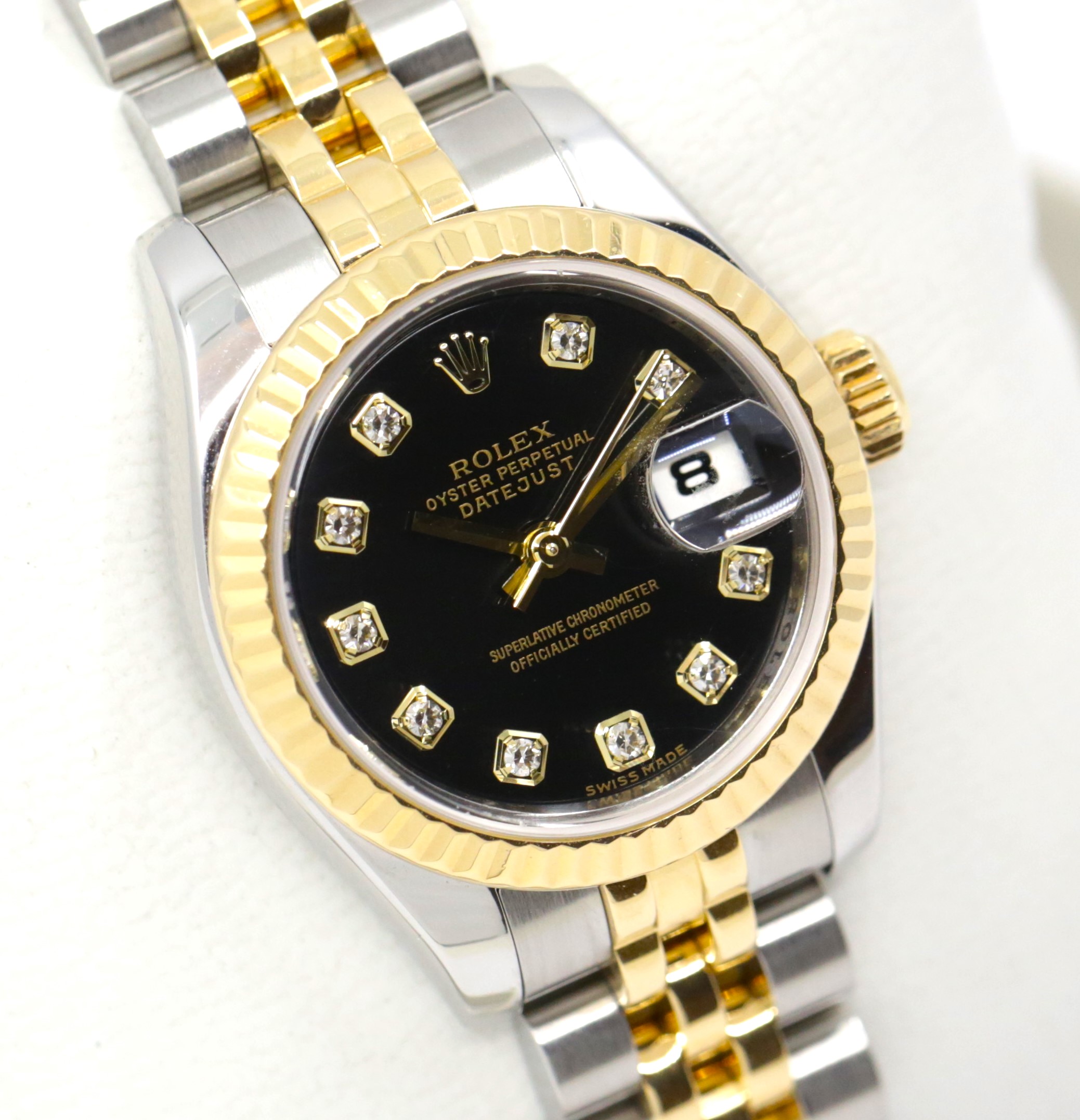 Rolex Lady Datejust 26, Stainless Steel & 18ct Yellow Gold, Black Factory Set Diamond Dial on Stainless Steel & 18ct Yellow Gold Rolex Jubilee Bracelet, Ref. 179713, Circa: 2007, with Box, Books, Rolex Warranty Certificate & Rolex Service Card Dated July 2017 - Image 6