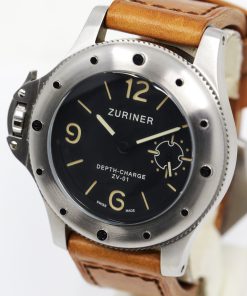 Alternative view of Zuriner Depth Charge, in Stainless Steel, Black Dial on Tan Zuriner Leather Strap with Stainless Steel Zuriner Tang Buckle, Ref. ZV01, Circa: 2012, Complete with Box, Book & Zuriner Warranty Certificate