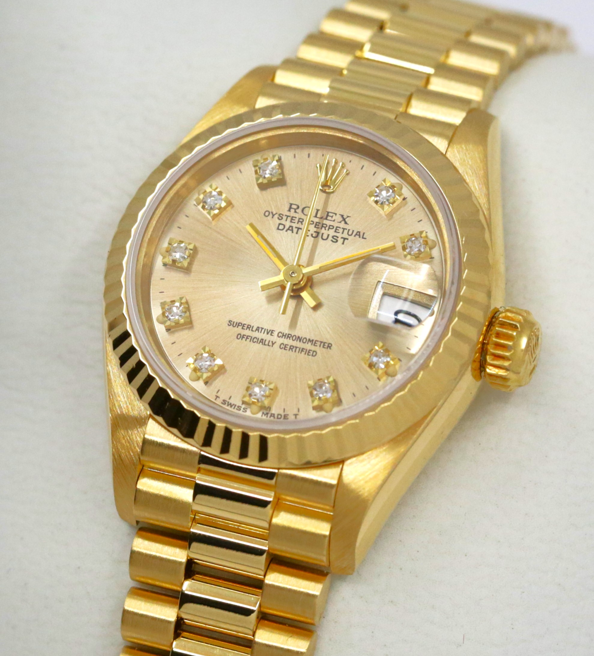 Rolex Lady Datejust 26 in 18ct Yellow Gold, Factory Set Champagne Diamond Dial on 18ct Yellow Gold Rolex President Bracelet, Ref. 69178, Circa: 1989, with Box, Books, Rolex Certificate & Rolex Service Receipt - Image 3