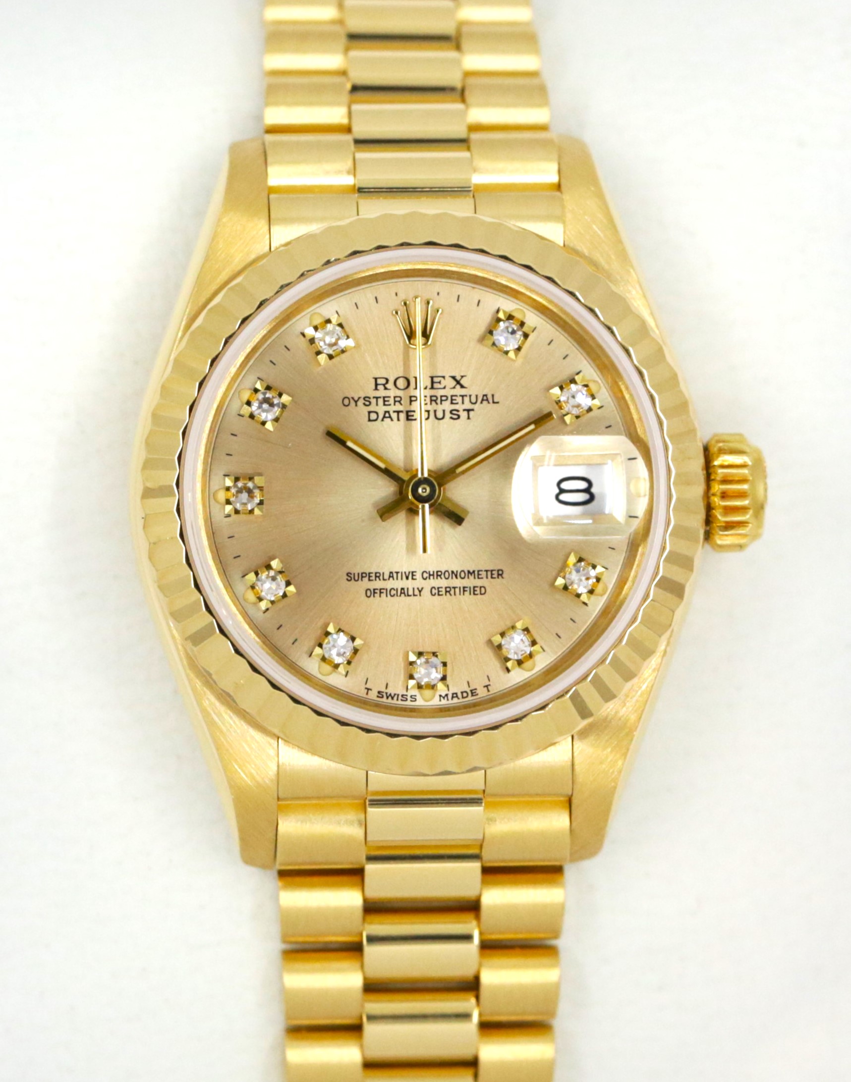 Rolex Lady Datejust 26 in 18ct Yellow Gold, Factory Set Champagne Diamond Dial on 18ct Yellow Gold Rolex President Bracelet, Ref. 69178, Circa: 1989, with Box, Books, Rolex Certificate & Rolex Service Receipt - Image 4