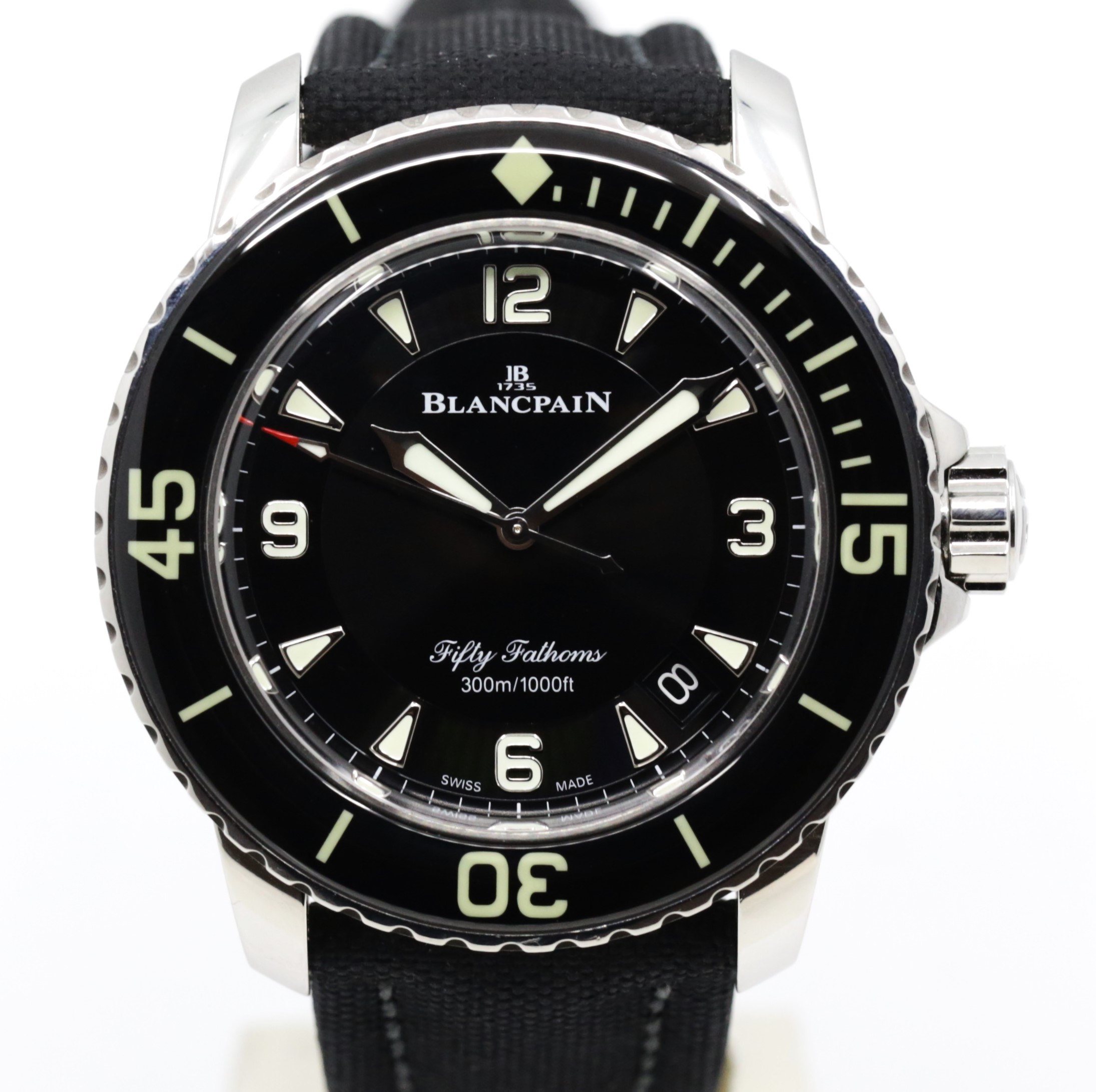 Blancpain Fifty Fathoms Automatique, in Stainless Steel, Black 12, 3, 6, 9 Dial, on Blancpain Canvas Strap with Stainless Steel Blancpain Deployant, Ref.5015-113-52B, Circa: 2022, Complete with Box, Papers & Balance of 2 Year Blancpain Factory Warranty