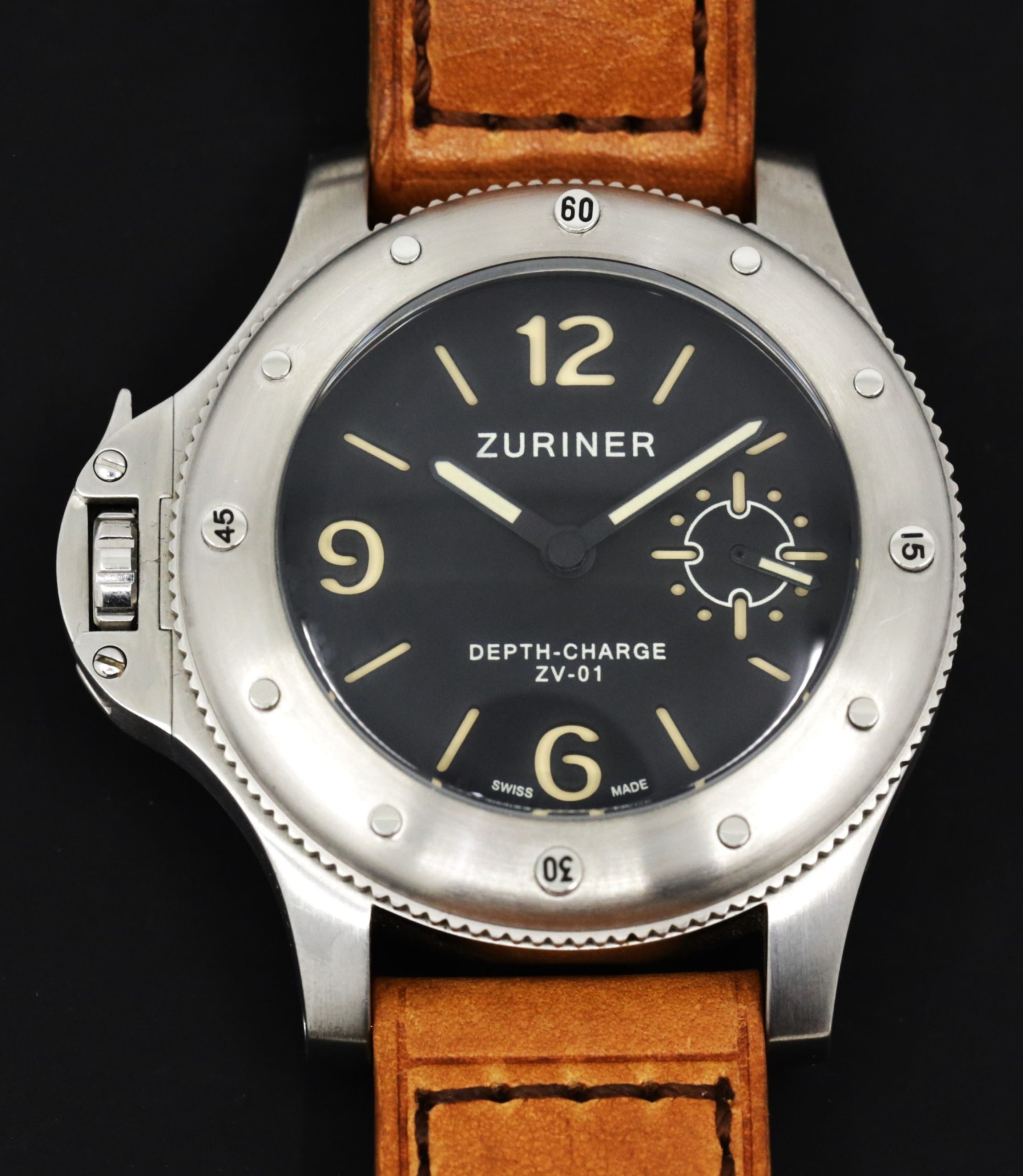 Zuriner Depth Charge, in Stainless Steel, Black Dial on Tan Zuriner Leather Strap with Stainless Steel Zuriner Tang Buckle, Ref. ZV01, Circa: 2012, Complete with Box, Book & Zuriner Warranty Certificate