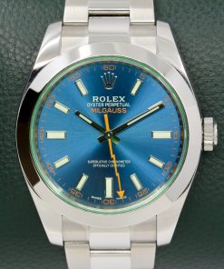 Rolex Milgauss Z-Blue, green glass, Stainless Steel on Rolex Oystersteel Bracelet, Ref: 116400GV, Complete with Box, book and Rolex Warranty card and swing tags and Rolex Service Warranty paper. Ca. 2017
