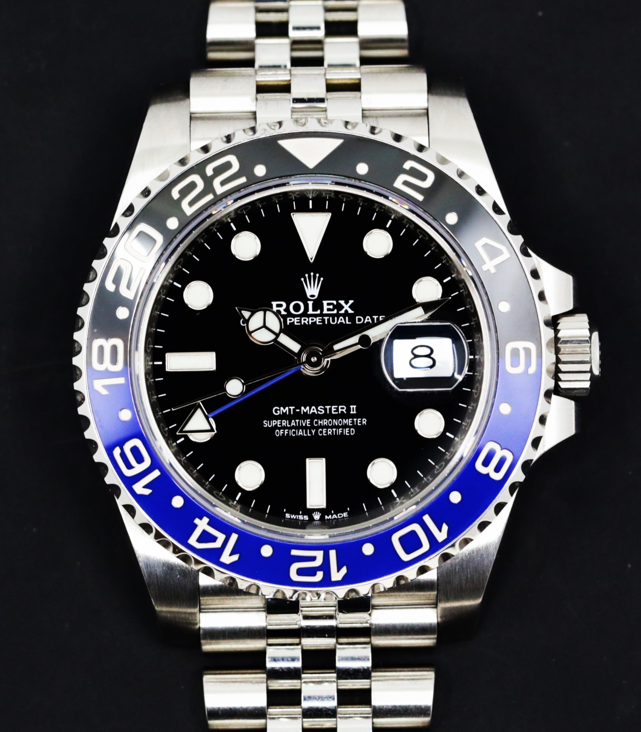 Rolex GMT Master II "Batgirl", in Stainless Steel, Black Index Dial, Blue & Black Ceramic Bezel on Stainless Steel Rolex Jubilee Bracelet, Ref. 126710BLNR, Circa: 2021, Complete with Box, Books, Rolex Warranty Card & Balance of 5 Year Rolex Factory Warranty