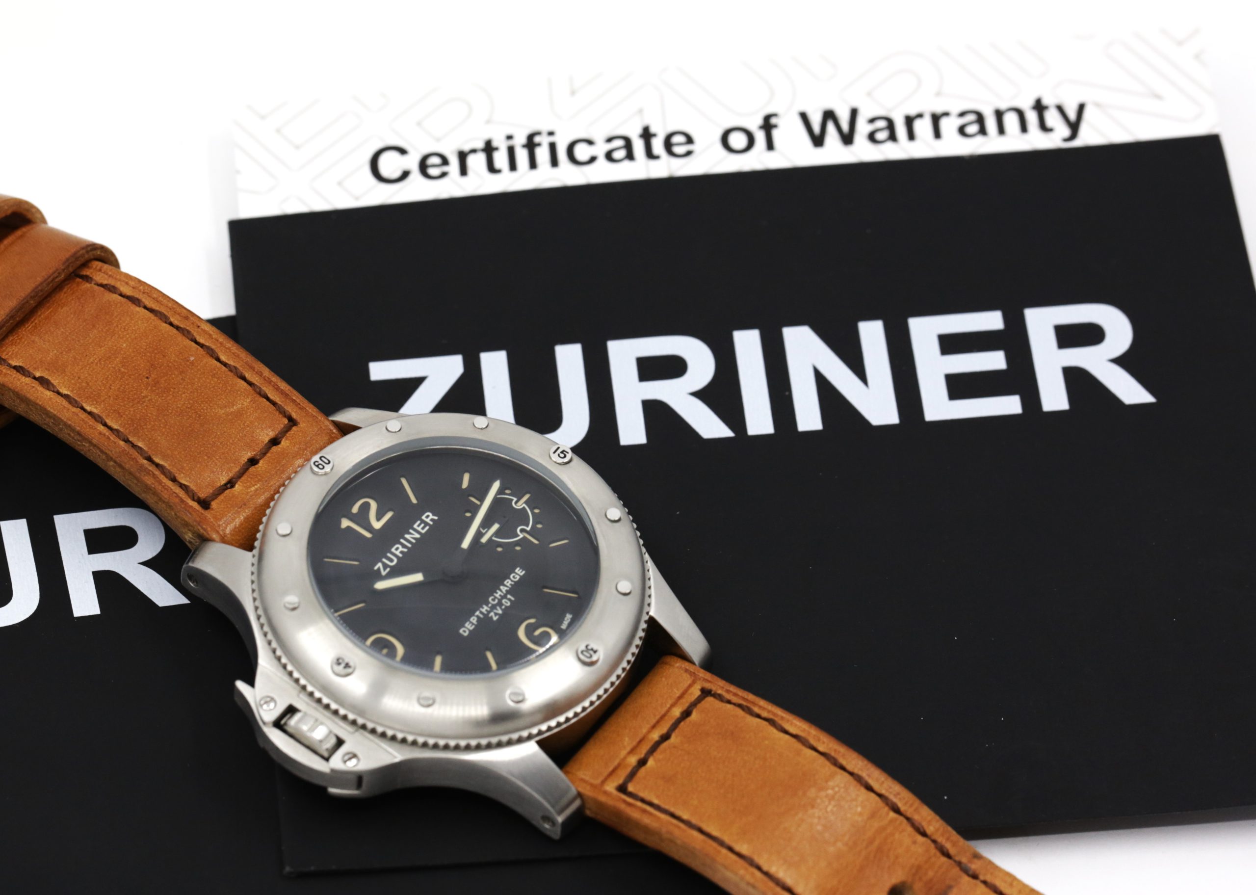 Zuriner Depth Charge, in Stainless Steel, Black Dial on Tan Zuriner Leather Strap with Stainless Steel Zuriner Tang Buckle, Ref. ZV01, Circa: 2012, Complete with Box, Book & Zuriner Warranty Certificate - Image 6