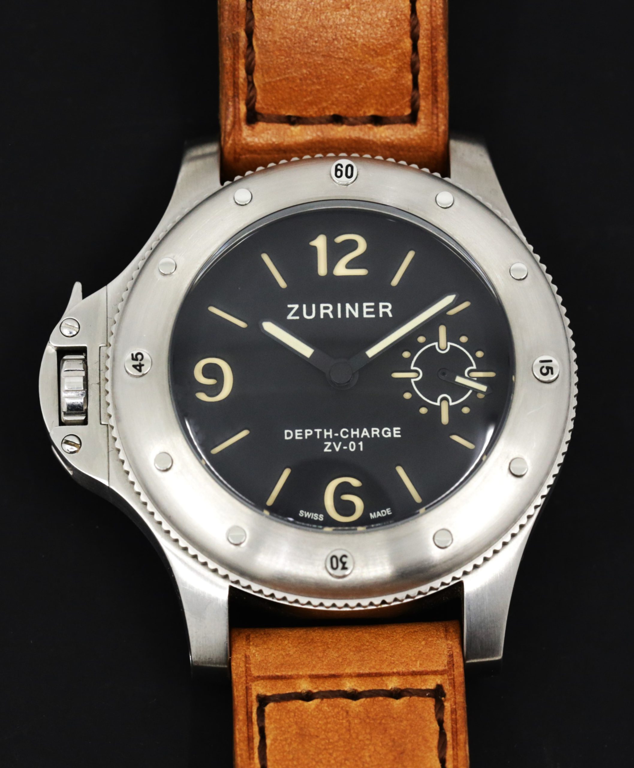 Zuriner Depth Charge, in Stainless Steel, Black Dial on Tan Zuriner Leather Strap with Stainless Steel Zuriner Tang Buckle, Ref. ZV01, Circa: 2012, Complete with Box, Book & Zuriner Warranty Certificate - Image 4