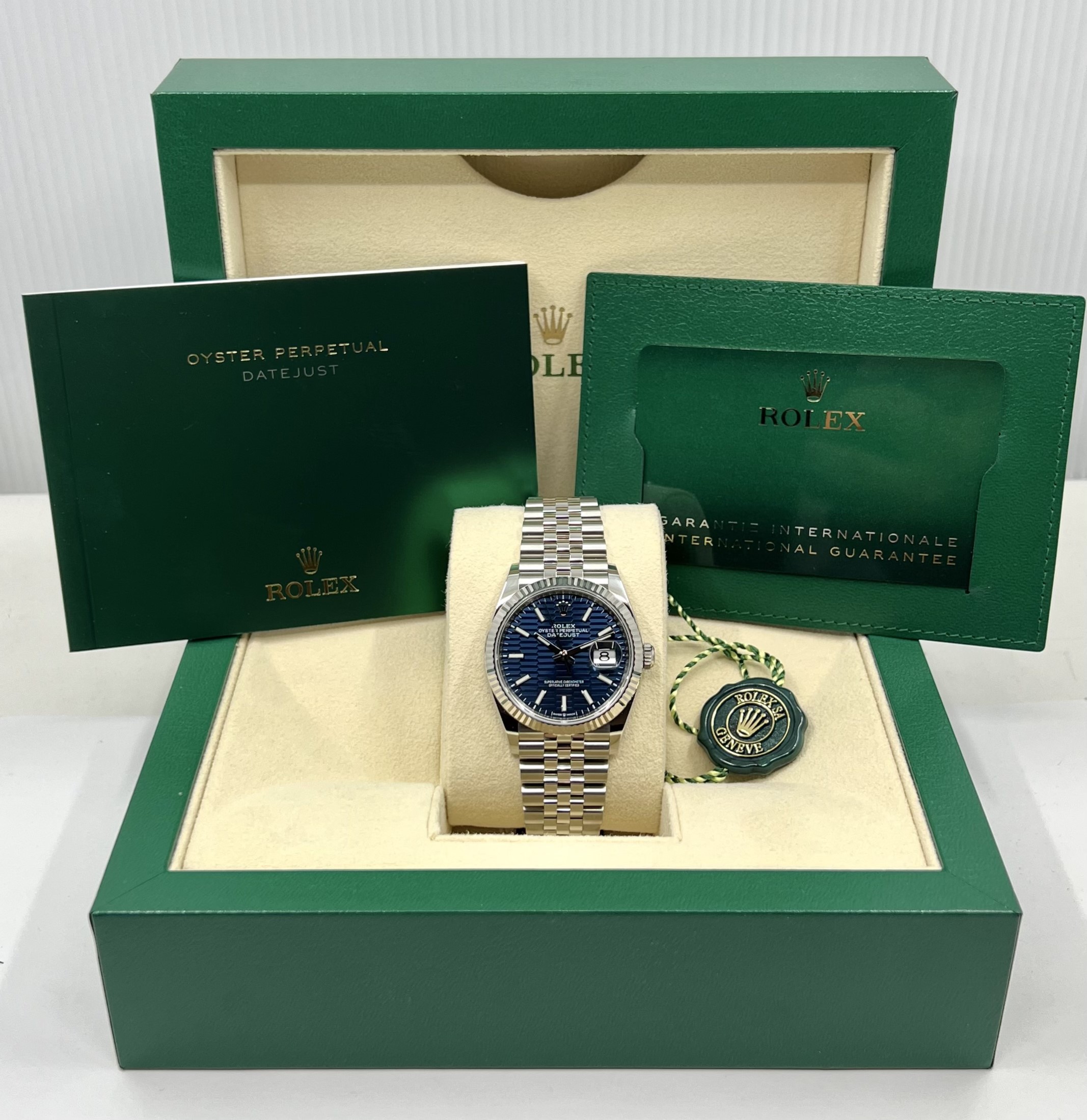 Rolex Oyster Perpetual Datejust 36, in Stainless Steel, Blue Fluted Motif Dial, 18ct White Gold Fluted Bezel, on Stainless Steel Rolex Jubilee Bracelet, Ref. 126234, Circa: 2023, Complete with Box, Books, Rolex Warranty Card & Balance of 5 Year Rolex Factory Warranty - Image 6