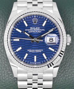 Rolex Oyster Perpetual Datejust 36, in Stainless Steel, Blue Fluted Motif Dial, 18ct White Gold Fluted Bezel, on Stainless Steel Rolex Jubilee Bracelet, Ref. 126234, Circa: 2023, Complete with Box, Books, Rolex Warranty Card & Balance of 5 Year Rolex Factory Warranty