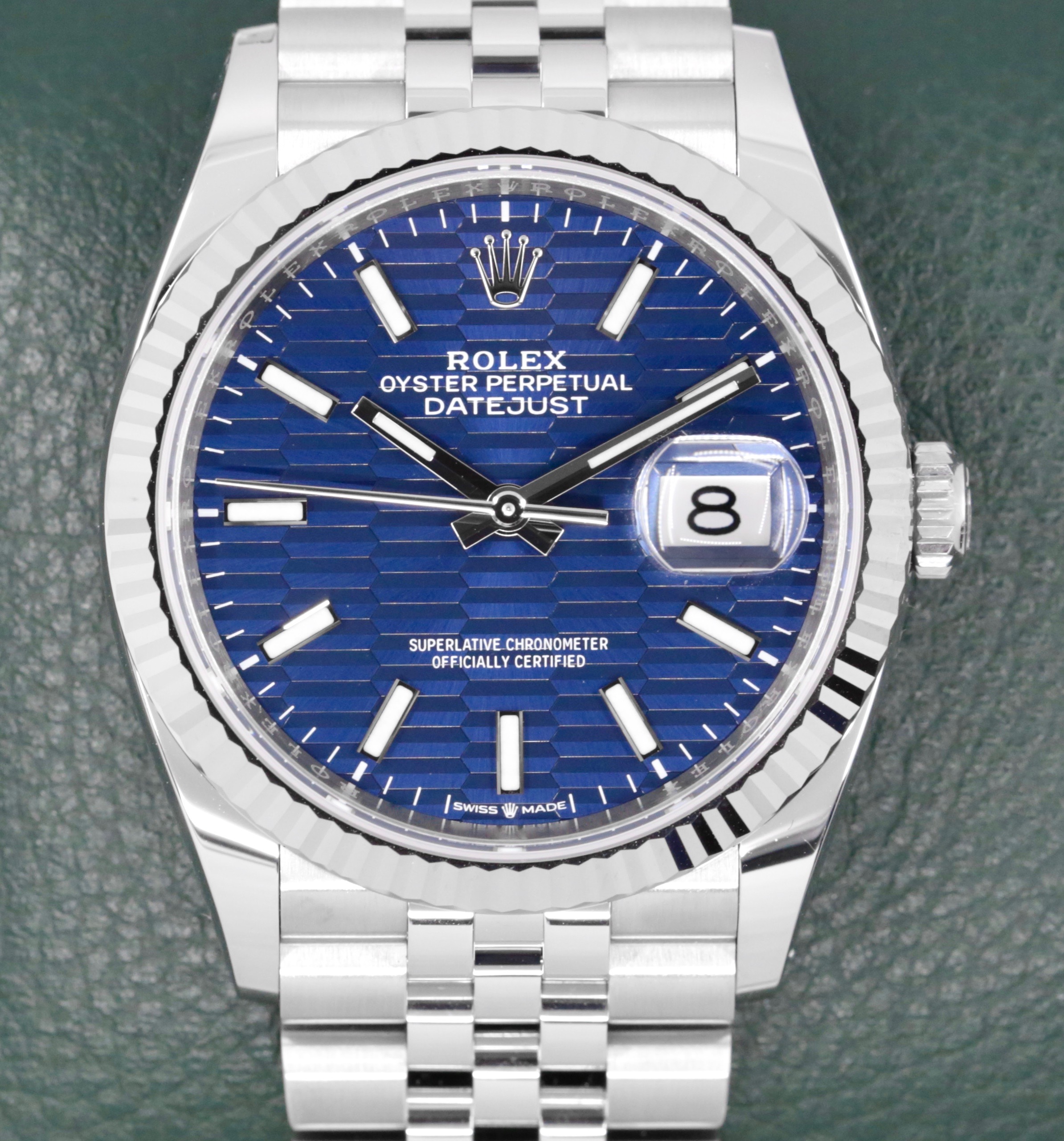 Rolex Oyster Perpetual Datejust 36, in Stainless Steel, Blue Fluted Motif Dial, 18ct White Gold Fluted Bezel, on Stainless Steel Rolex Jubilee Bracelet, Ref. 126234, Circa: 2023, Complete with Box, Books, Rolex Warranty Card & Balance of 5 Year Rolex Factory Warranty